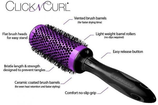 Graphic showing all the features of the Click n Curl Detachable Blowout Brushes