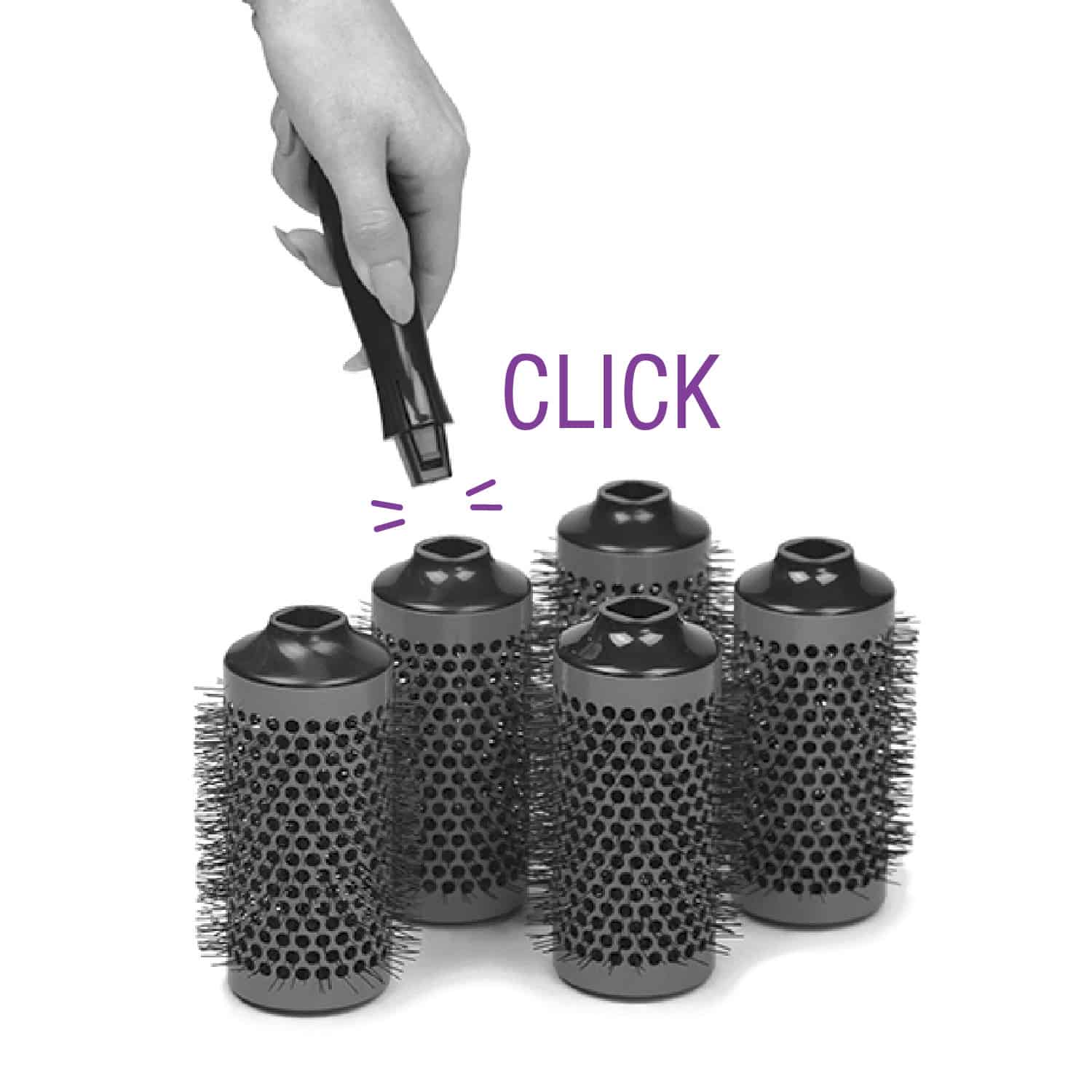 Step by Step Images for using Click n Curl. "Click the Barrel onto the Handle"
