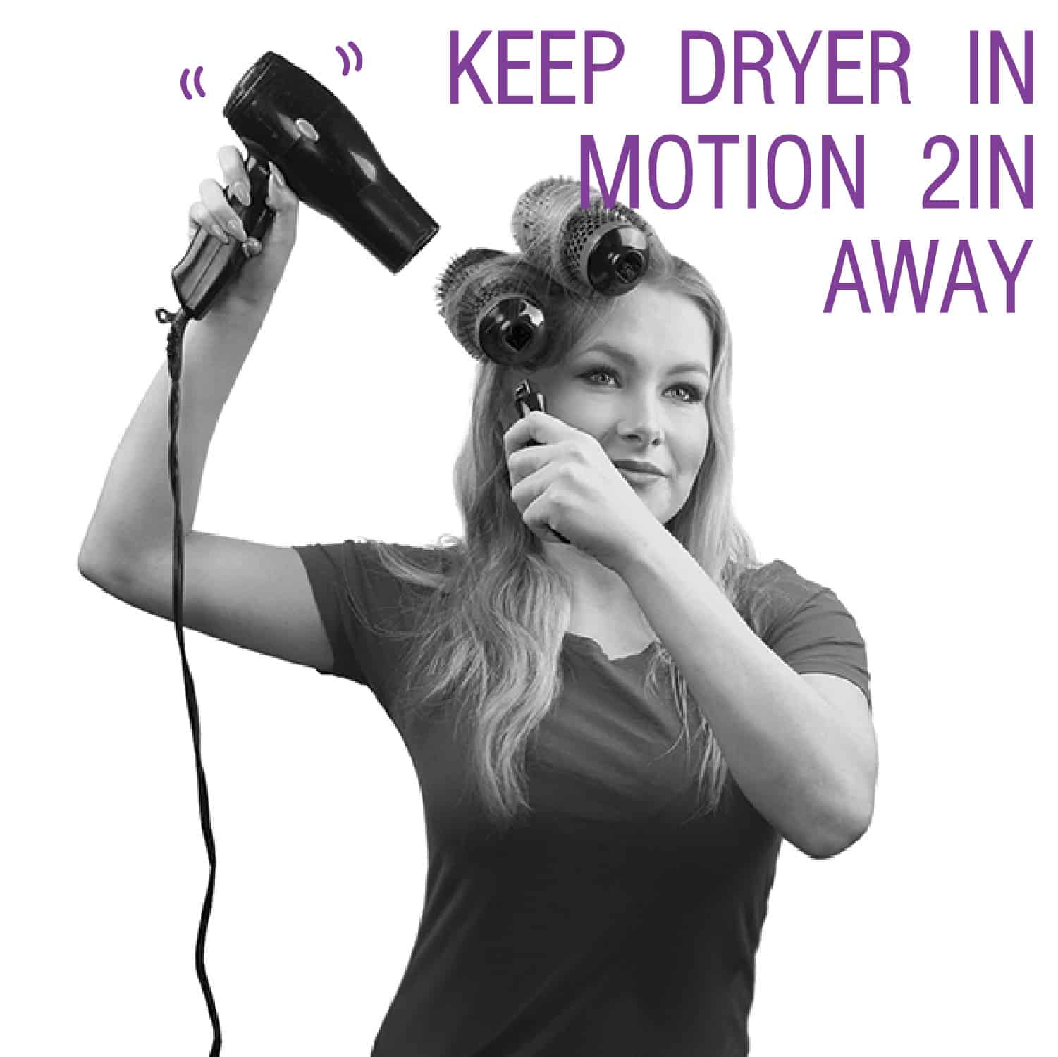 Step by Step Image for using Click n Curl. "Keep Dryer in Motion 2 Inches Away"