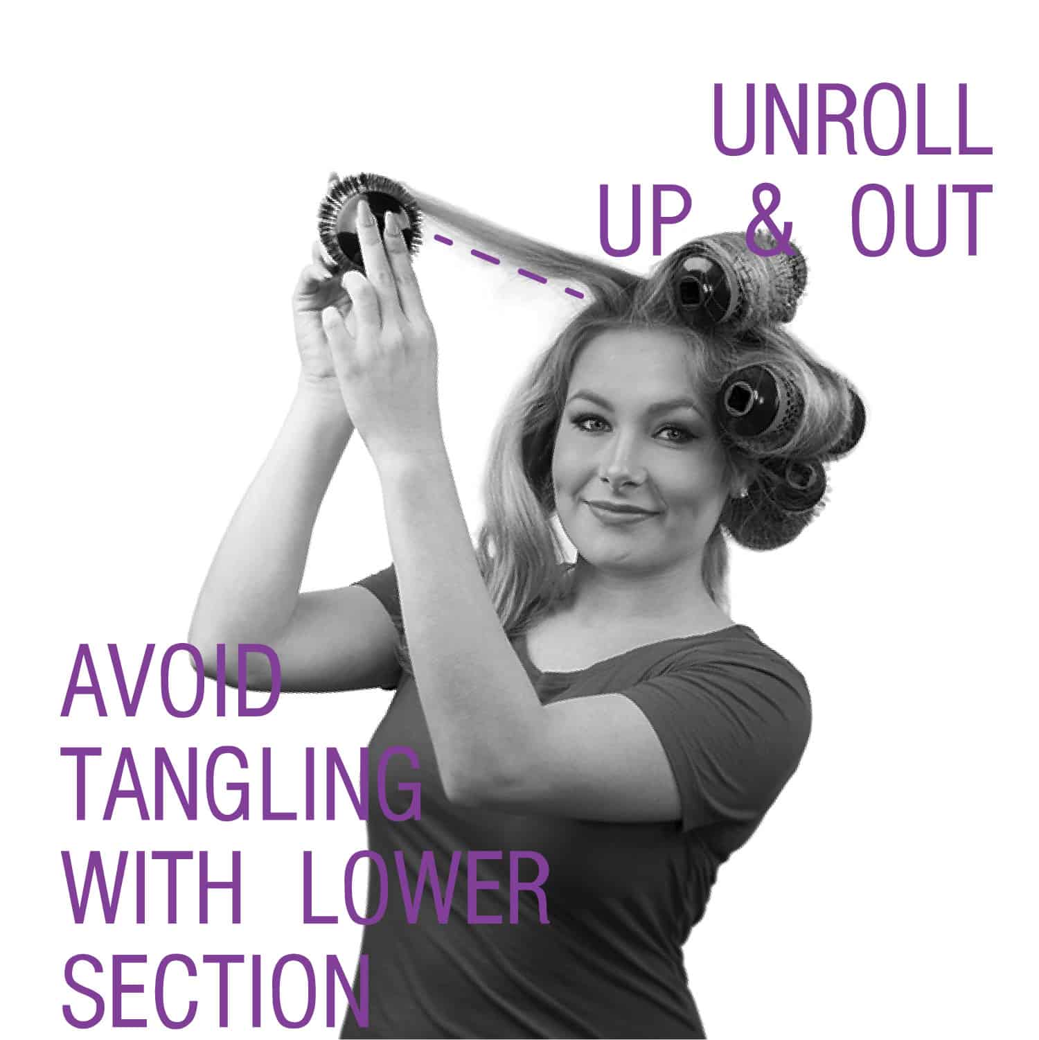 Step by Step Image showing how to use Click n Curl. "Unroll Up & Out, Avoid tangling with lower section"