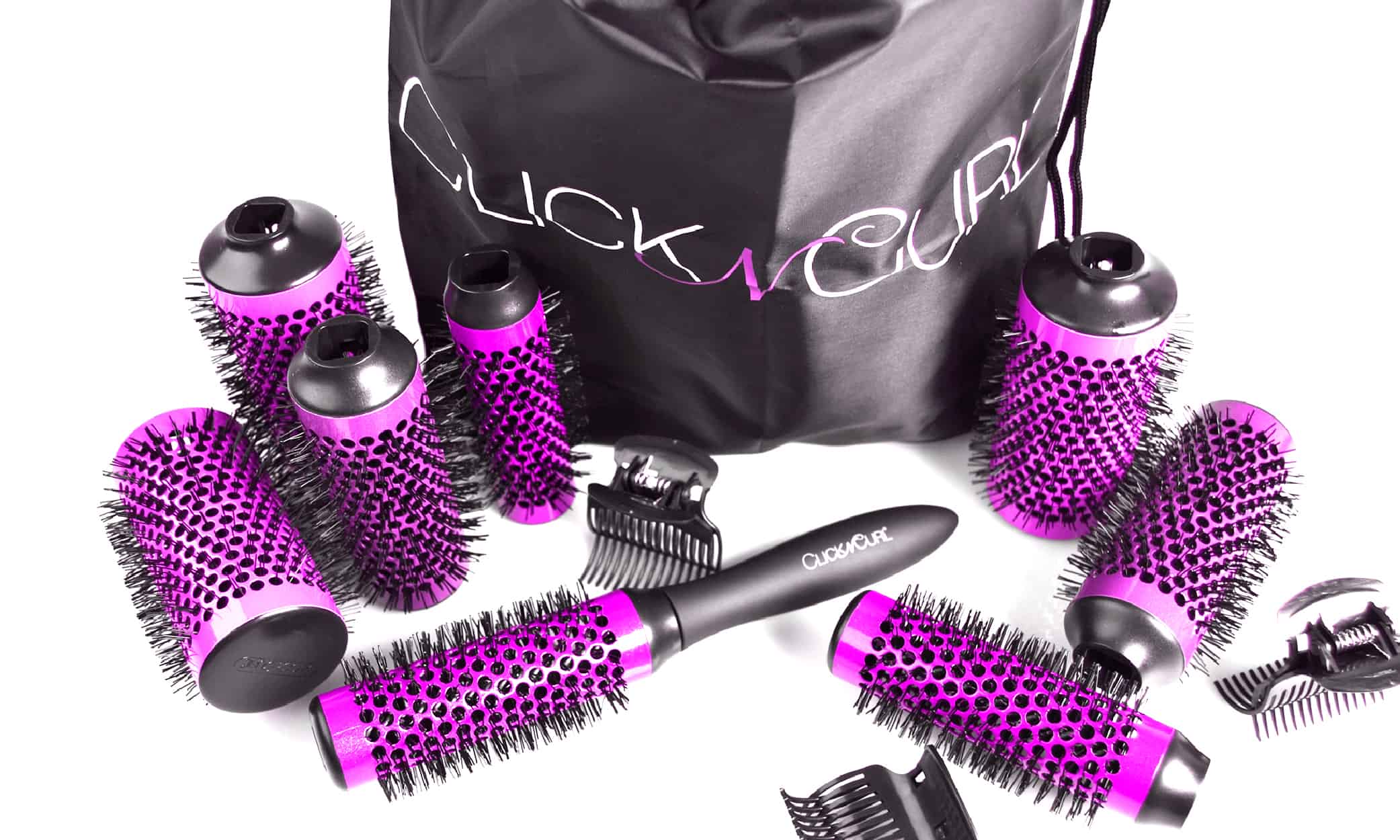 Click n Curl Medium Full Set, Hair Clips and Travel Bag laid out on a white background