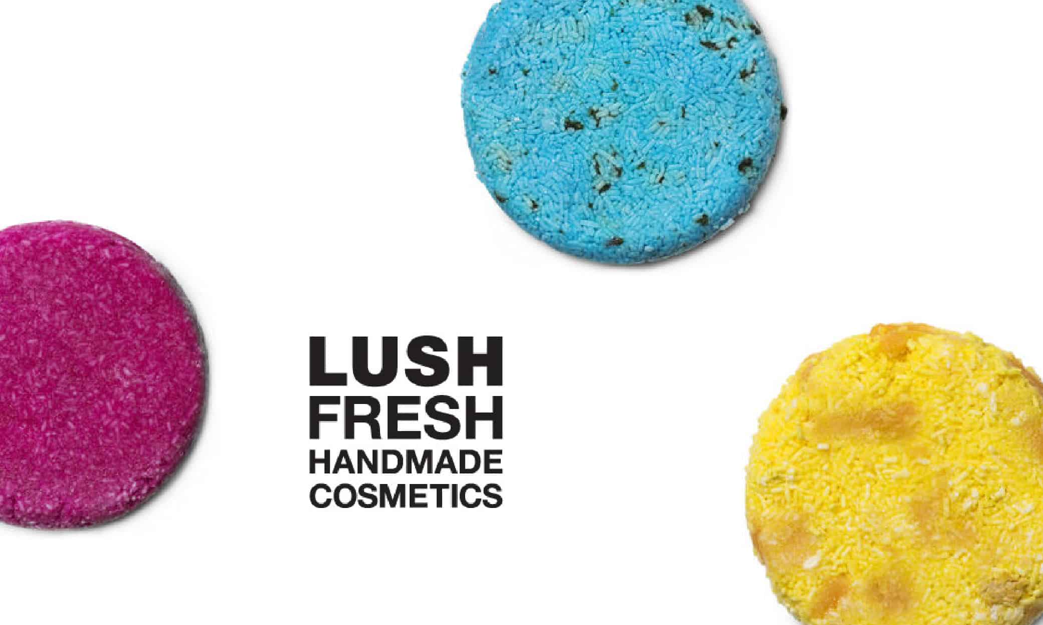 Three Lush Fresh Handmade Cosmetics in the colors of Blue, Pink and Yellow