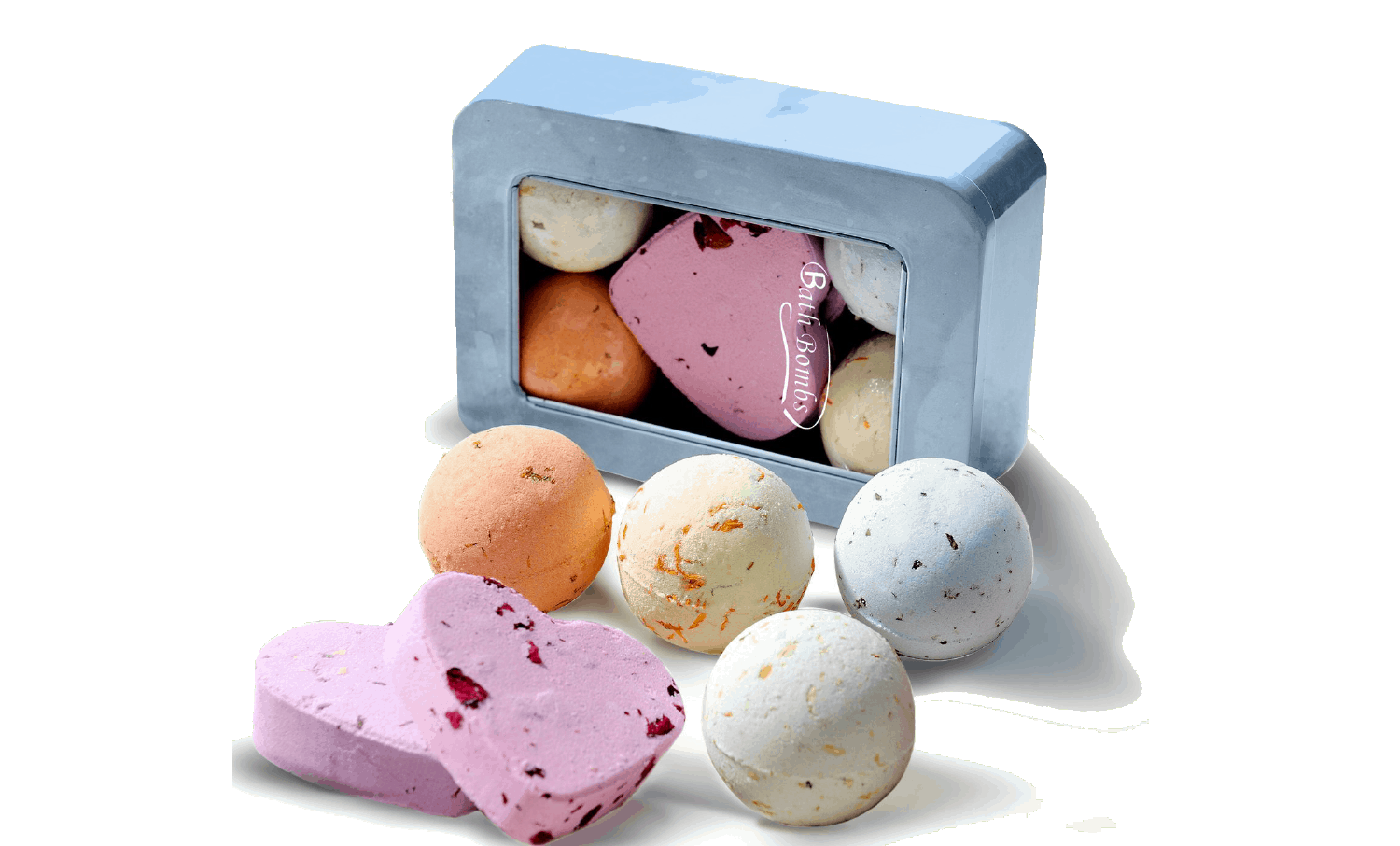 A light blue box of Bath Bombs