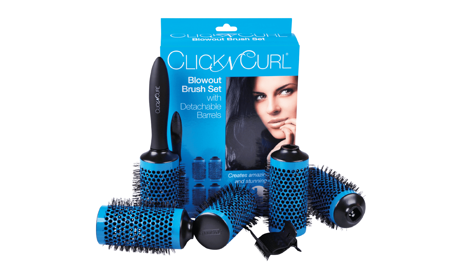 A set of Large Blue Click n Curl Blowout Brush Full Set