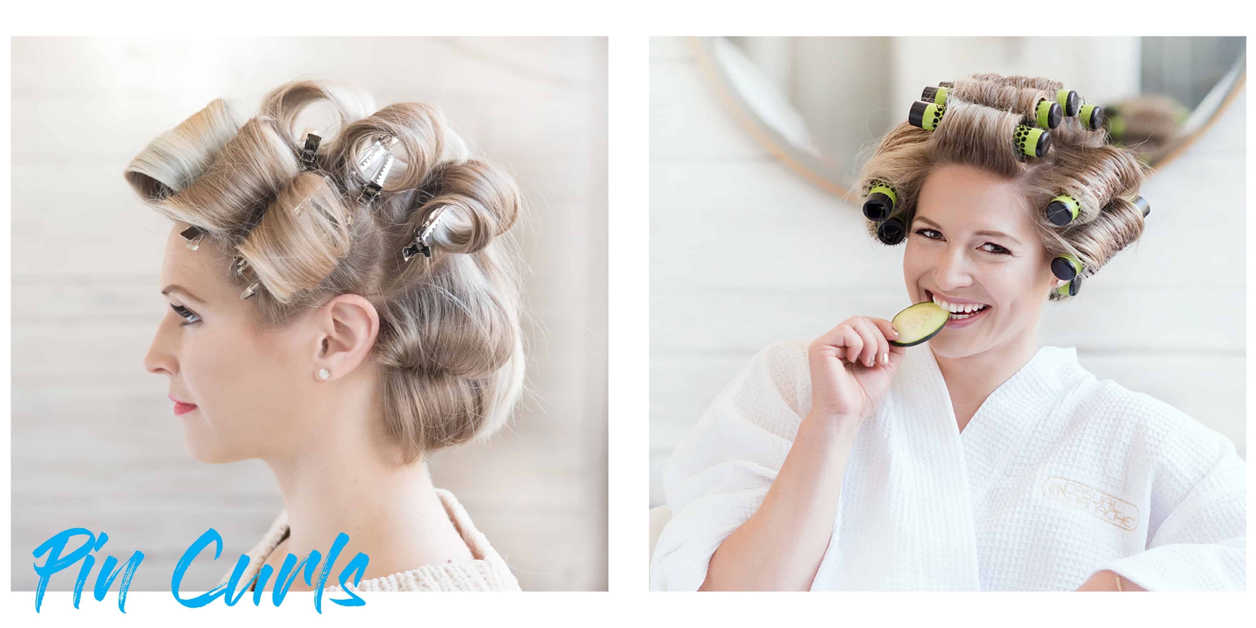 Before and After picture of showing a model using numerous pins for a DIY blowout style versus the ease of using the Click n Curl Blowout Brushes with detachable handles.