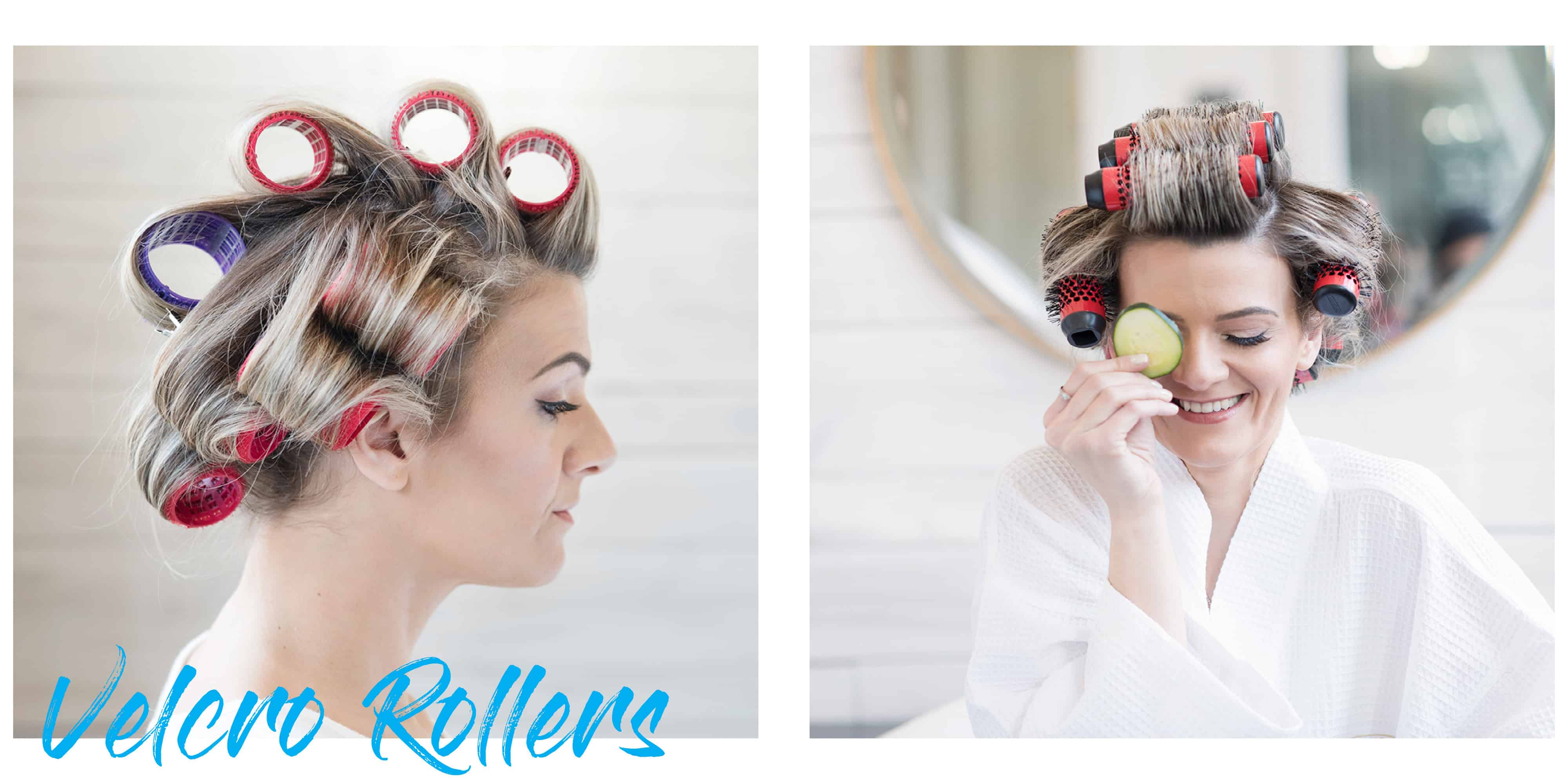 Before and After picture of showing a model using Velcro rollers for a DIY blowout style versus the ease of using the Click n Curl Blowout Brushes with detachable handles.